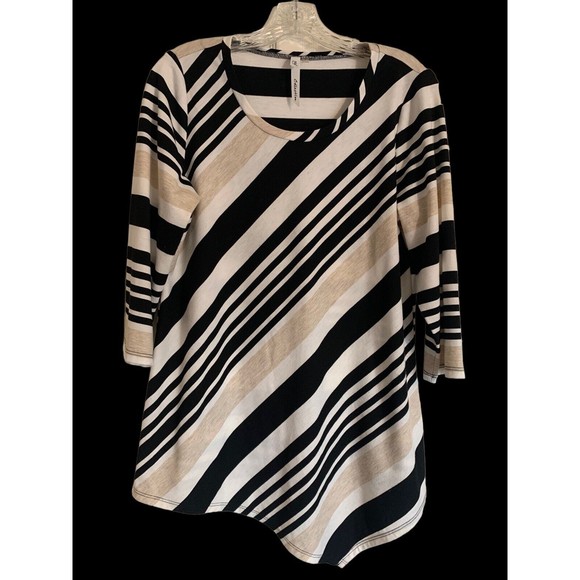 NY Collection Tops - NY COLLECTION Sz L Black/White/Taupe Asymmetrical Front Striped Blouse